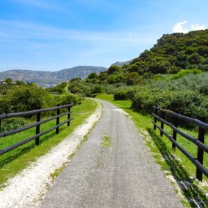 Landelijk pad met hekken en groene heuvels op zonnige dag