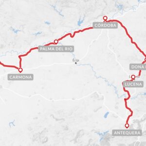 Kaart van route tussen Sevilla en Antequera via Lucena