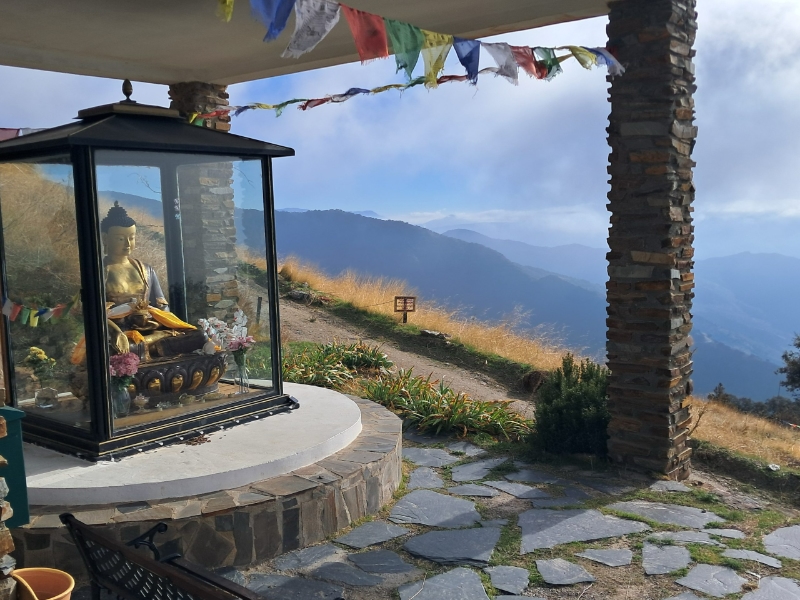 Buddhabeeld met uitzicht op bergen en gebedsvlaggen.