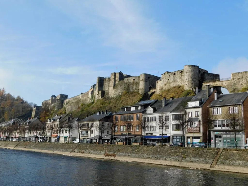 Kasteel boven huizen en rivier in Belgische stad