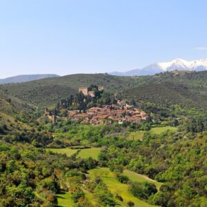 Heuvelachtig landschap met kasteel en besneeuwde bergen