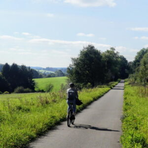 Fietser op landelijk pad tussen groene velden