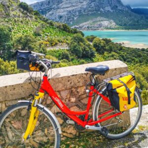 Rode fiets bij bergmeer en groene heuvels.