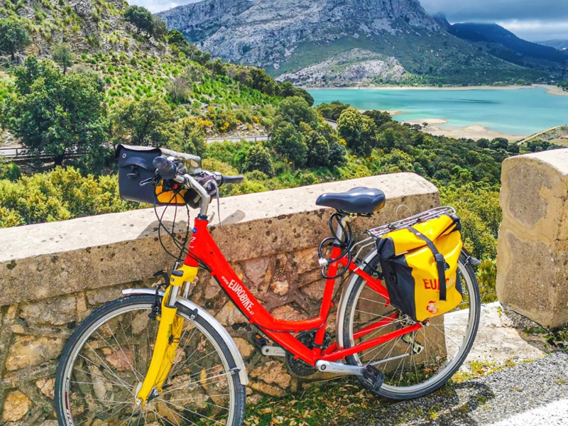 Rode fiets bij bergmeer en groene heuvels.