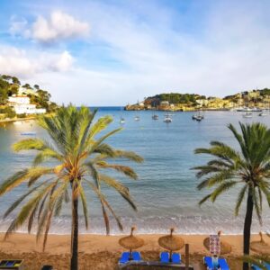Zonnig strand met palmbomen en zeezicht.