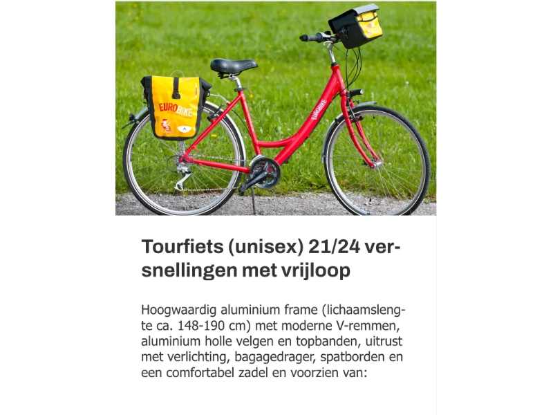 Rode unisex tourfiets met tassen en accessoires.