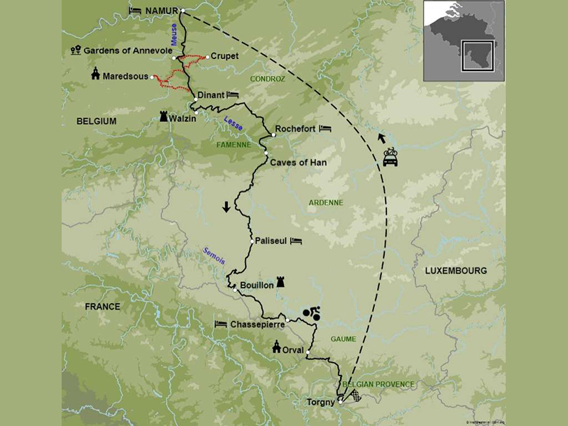 Kaart van Belgische toeristische route langs bezienswaardigheden.