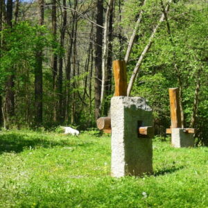 Houten en betonnen kunstwerken in een groene bosomgeving