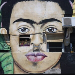 Muurschildering van gezicht op gebouw met ramen.