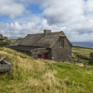 Rieten dak huis op heuvelachtig platteland