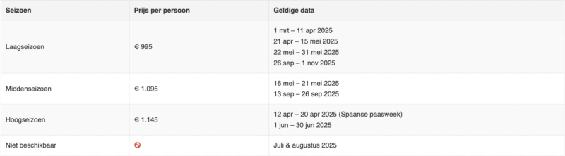 Prijstabel voor seizoenen 2025 met data en beschikbaarheid.