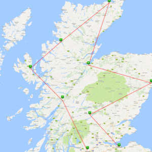 Kaart van Schotland met route lijnen