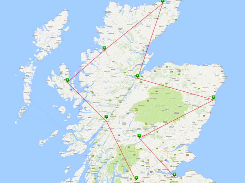 Kaart van Schotland met route lijnen