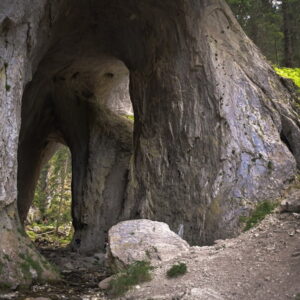 Natuurlijke rotstunnel in groene bosomgeving.