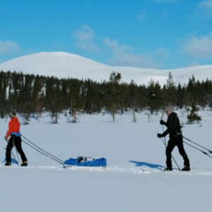Twee mensen trekken sledes door besneeuwd landschap.