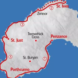 Kaart van Cornwall met St. Ives en Penzance.