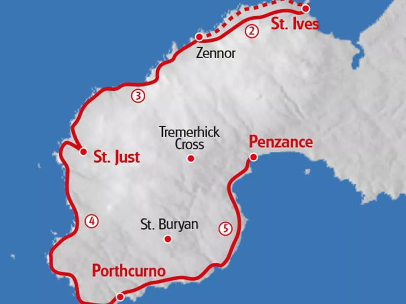 Kaart van Cornwall met St. Ives en Penzance.