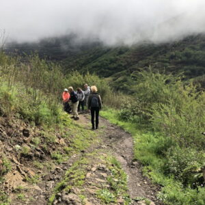 Groep wandelaars op modderig pad in heuvelachtige natuur.