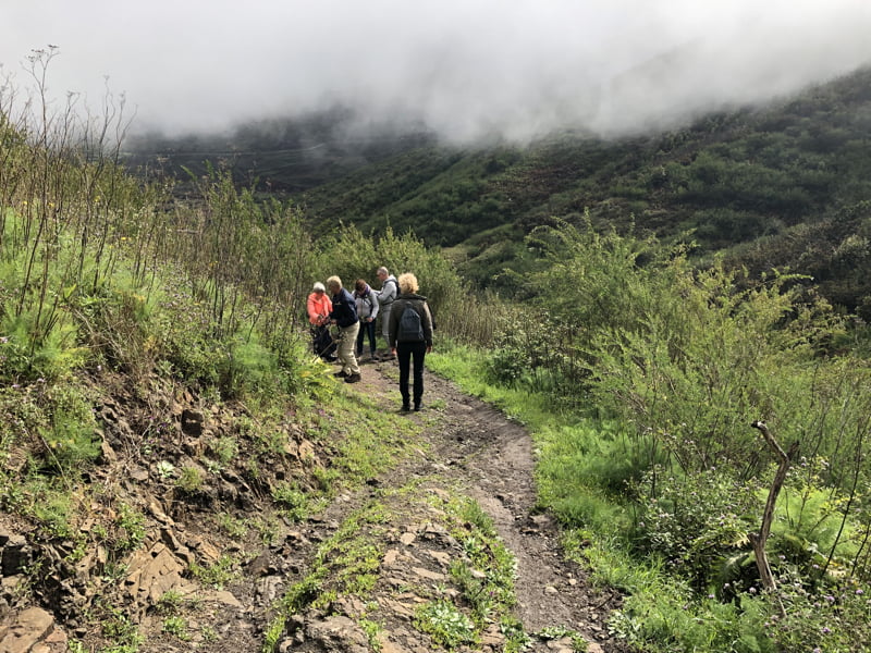 Groep wandelaars op modderig pad in heuvelachtige natuur.