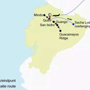 Kaart van reisroute door Ecuador, locaties aangegeven.