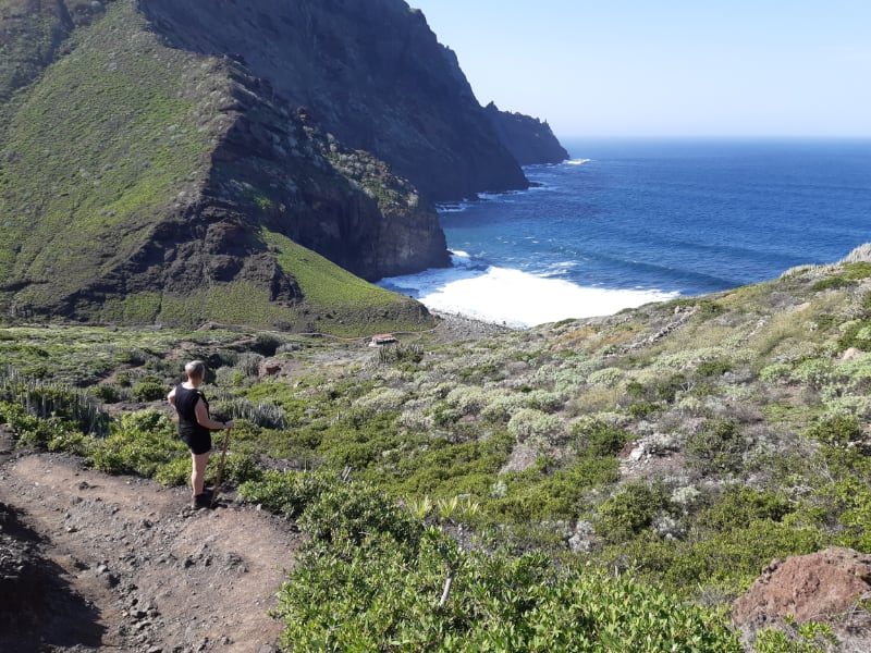 Wandelaar op groen pad langs rotsachtige kust.