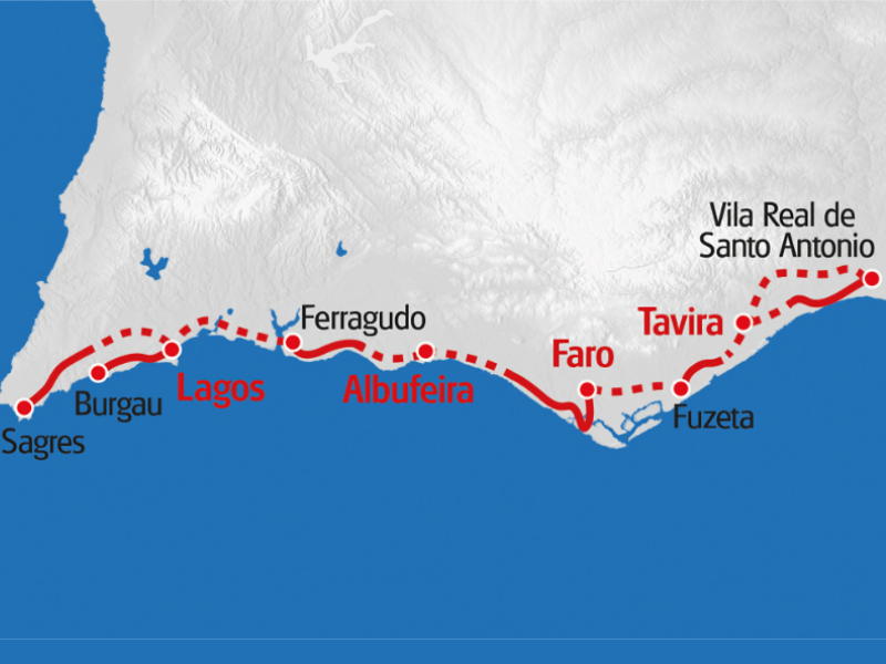 Kaart van Algarve met belangrijke steden
