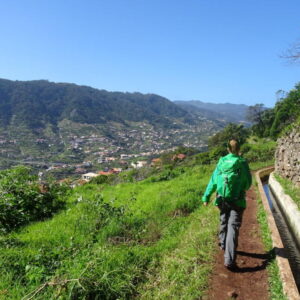 Wandelaar op groen pad met uitzicht op bergen.