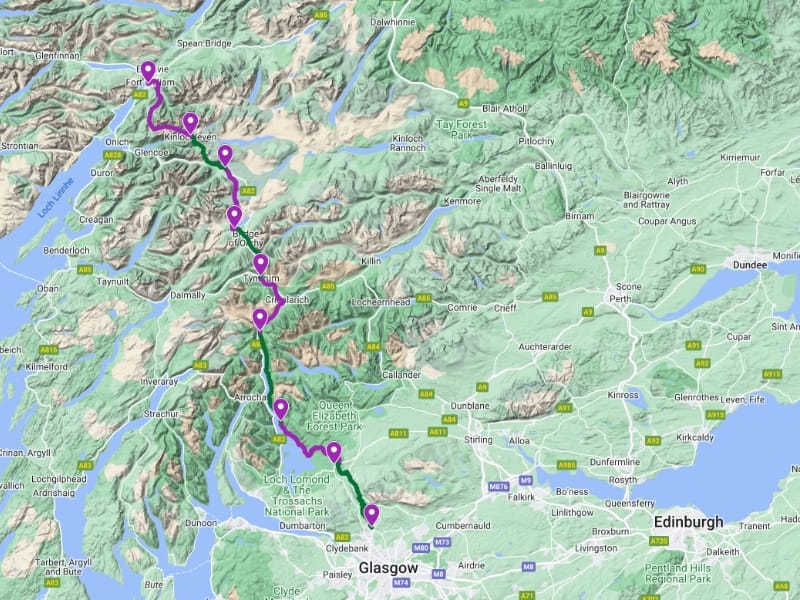 Kaart van Schotland met route van Glasgow naar Fort William.