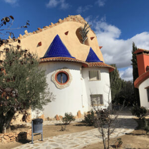 Uniek huis met blauwe daken en tuinpaden
