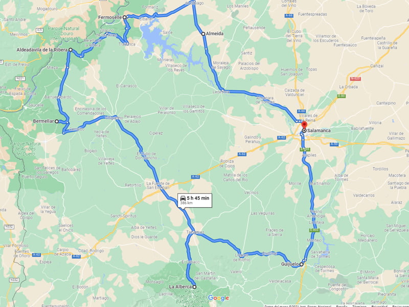 Routekaart van Salamanca en omliggende dorpen