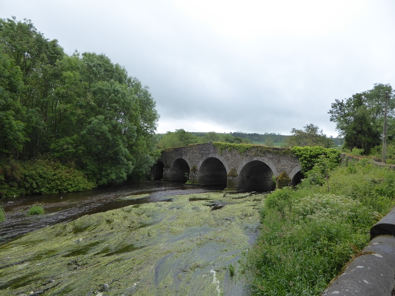 Oude stenen brug over rivier met groene begroeiing.