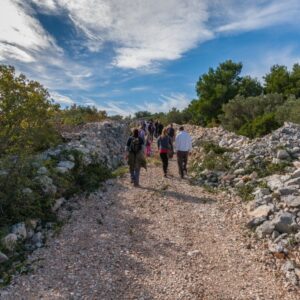 Groep wandelaars op rotsachtig pad in natuurgebied.